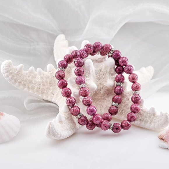 Pink Jasper Dainty Beaded Stretch Bracelet Set of 2 - Picture 6 of 11